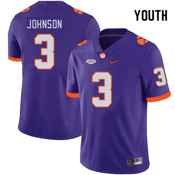 Youth Clemson Tigers Noble Johnson #3 College Purple NCAA Authentic Football Stitched Jersey 23HB30XB